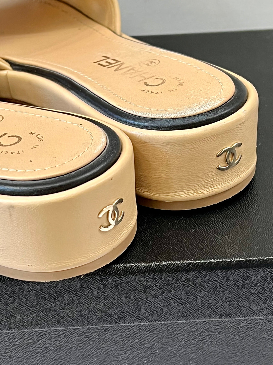 CHANEL LAMBSKIN EMBROIDERED LOGO MULES