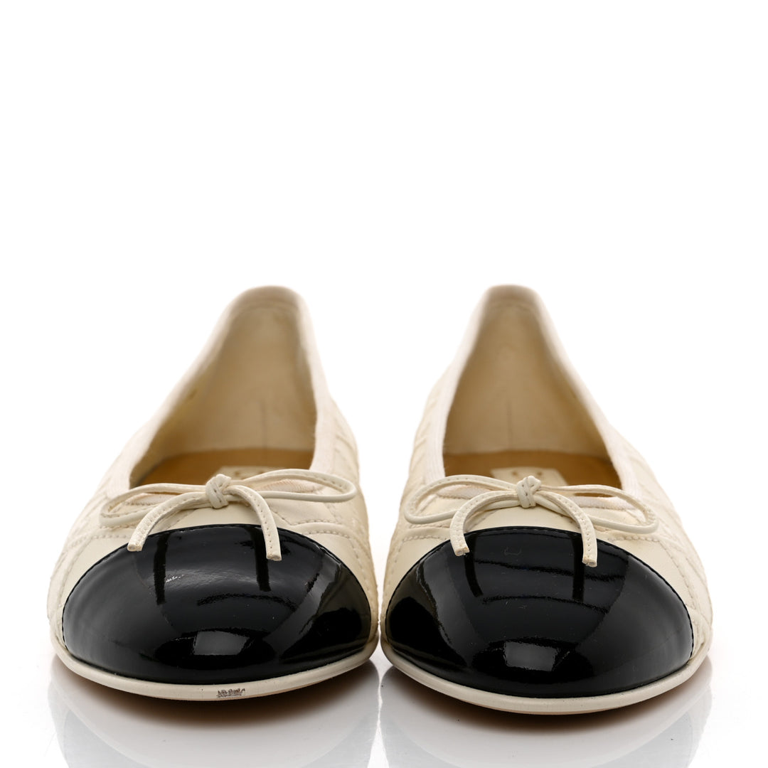 CHANEL LAMBSKIN &amp; PATENT DOUBLE STITCHED CC CAP TOE BALLERINA FLATS