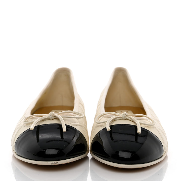CHANEL LAMBSKIN &amp; PATENT DOUBLE STITCHED CC CAP TOE BALLERINA FLATS