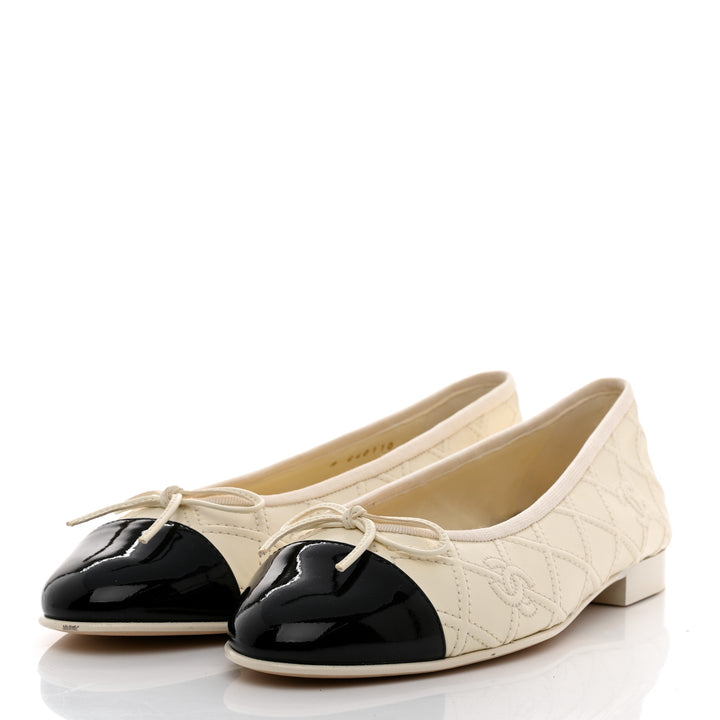 CHANEL LAMBSKIN &amp; PATENT DOUBLE STITCHED CC CAP TOE BALLERINA FLATS