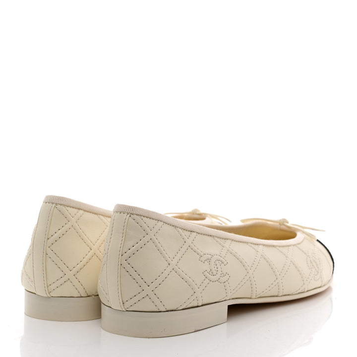 CHANEL LAMBSKIN &amp; PATENT DOUBLE STITCHED CC CAP TOE BALLERINA FLATS