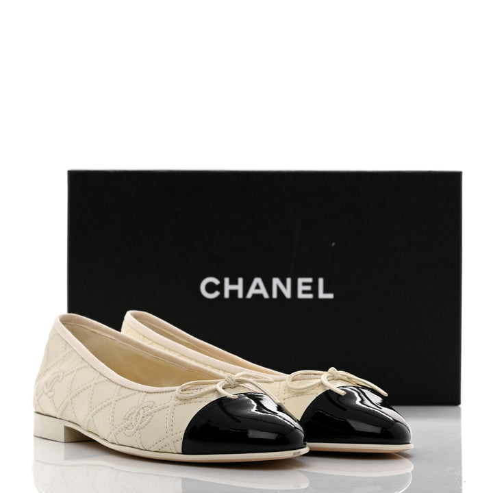 CHANEL LAMBSKIN &amp; PATENT DOUBLE STITCHED CC CAP TOE BALLERINA FLATS