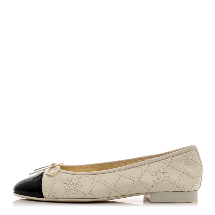 CHANEL LAMBSKIN &amp; PATENT DOUBLE STITCHED CC CAP TOE BALLERINA FLATS