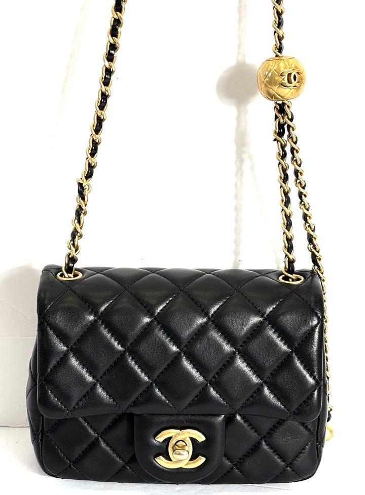 CHANEL LAMBSKIN LEATHER MINI PEARL CRUSH SQUARE FLAP BAG