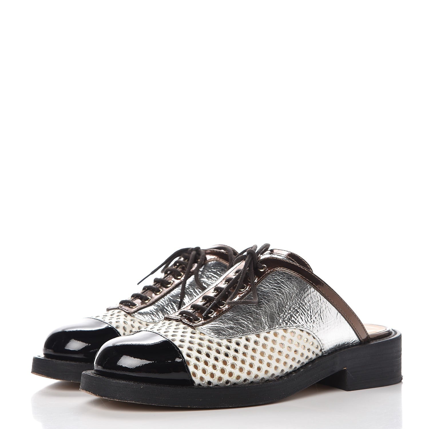 CHANEL PERFORATED LAMBSKIN LEATHER LACE-UP MULES