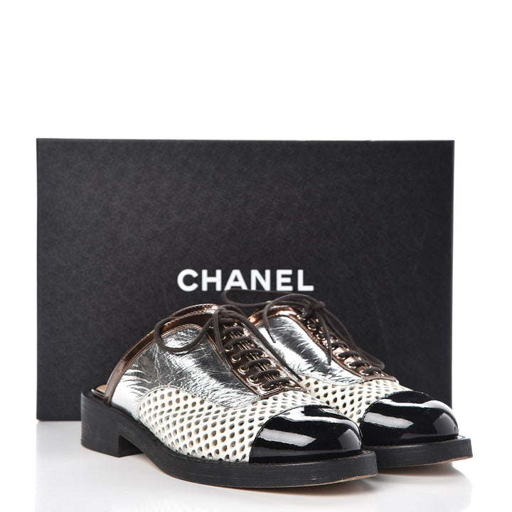 CHANEL PERFORATED LAMBSKIN LEATHER LACE-UP MULES