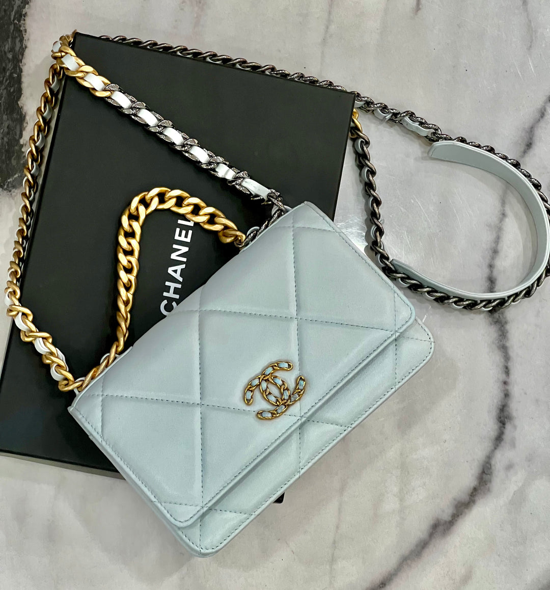 CHANEL QUILTED LAMBSKIN CHANEL 19 WALLET ON A CHAIN
