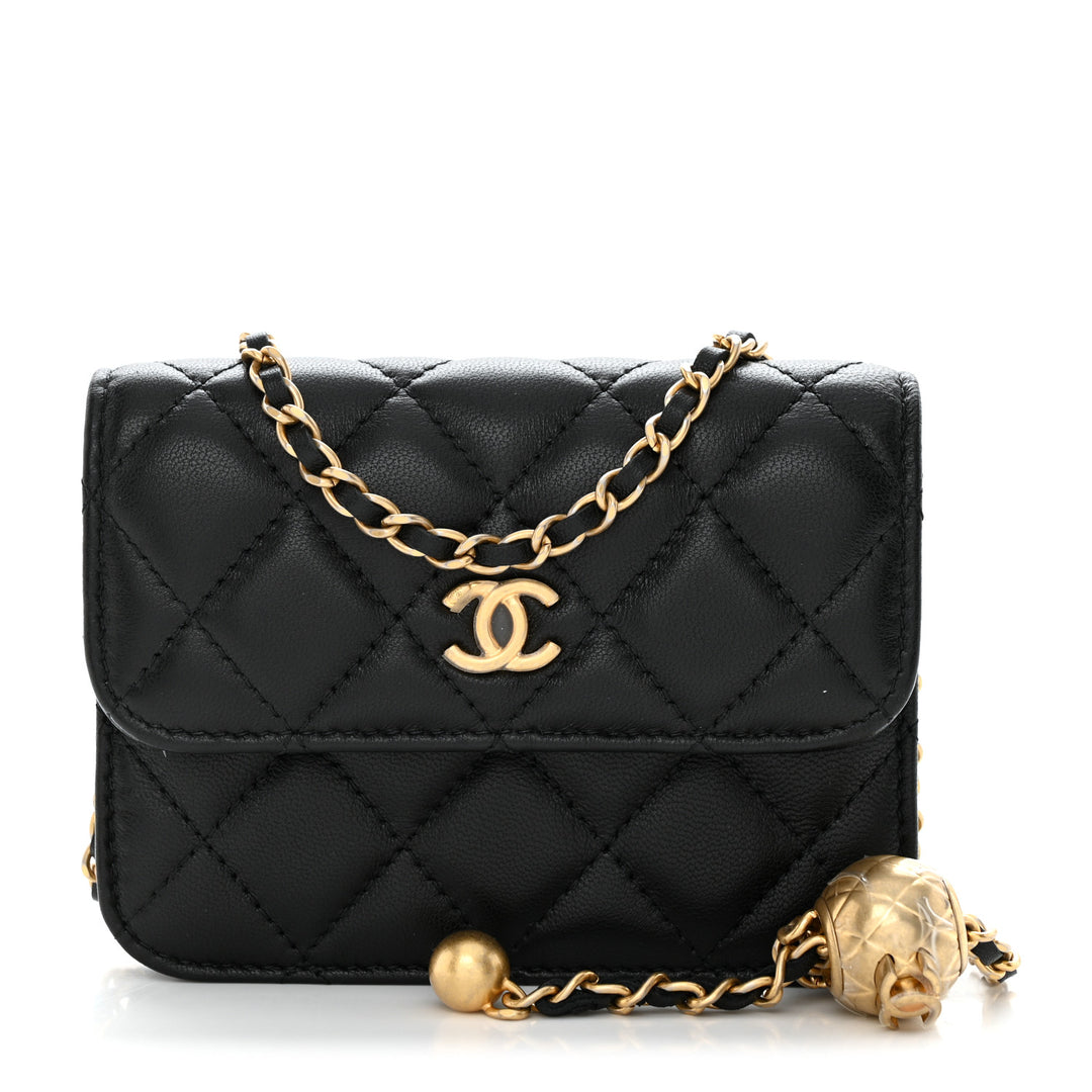 CHANEL LAMBSKIN QUILTED PEARL CRUSH MINI CLUTCH WITH CHAIN