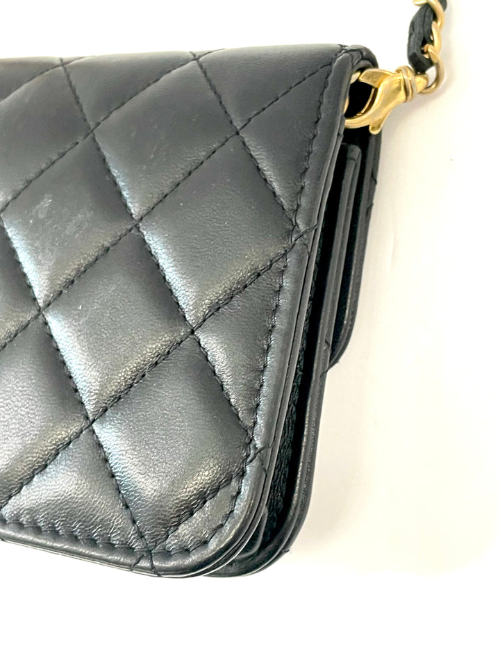 CHANEL LAMBSKIN QUILTED PEARL CRUSH MINI CLUTCH WITH CHAIN