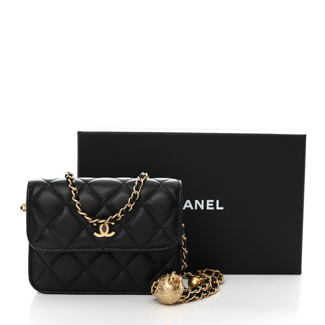 CHANEL LAMBSKIN QUILTED PEARL CRUSH MINI CLUTCH WITH CHAIN