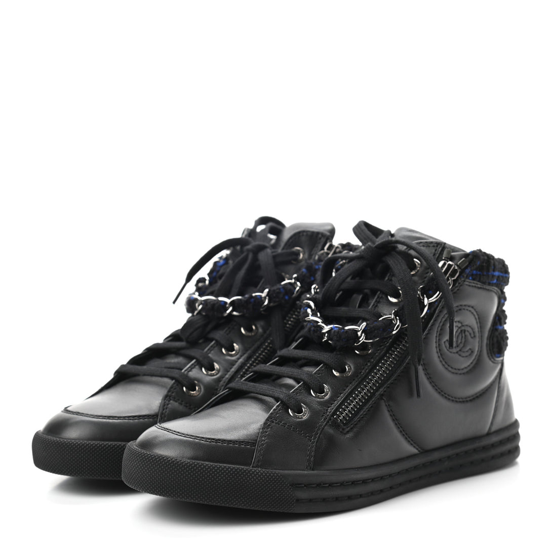 CHANEL LAMBSKIN LEATHER TWEED ZIPPED HI-TOP SNEAKERS