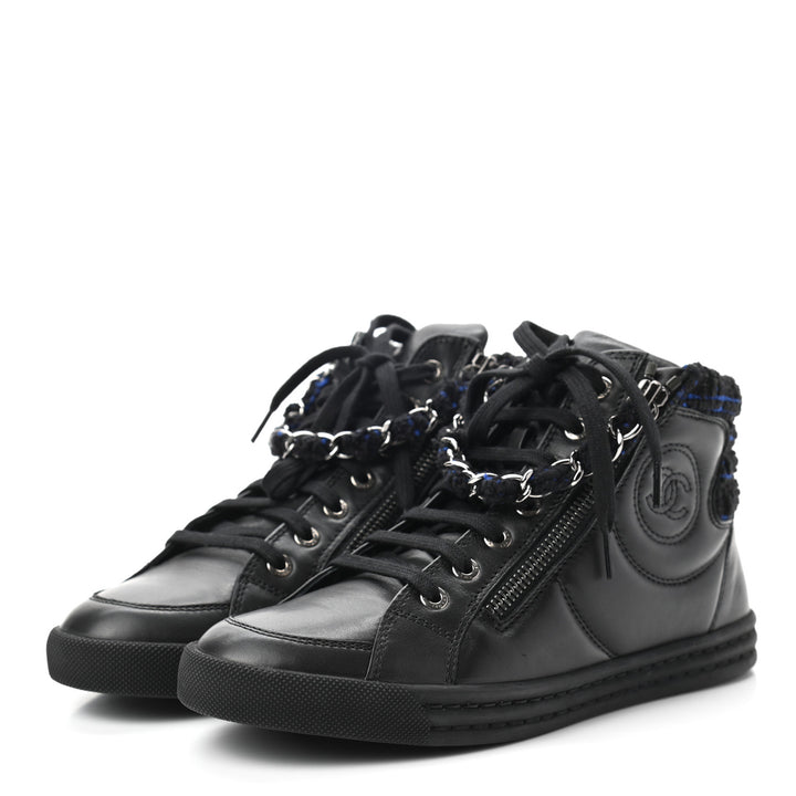 CHANEL LAMBSKIN LEATHER TWEED ZIPPED HI-TOP SNEAKERS