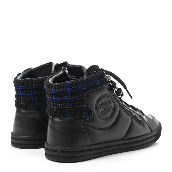 CHANEL LAMBSKIN LEATHER TWEED ZIPPED HI-TOP SNEAKERS