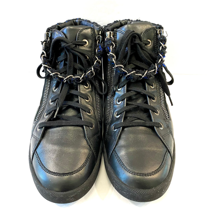 CHANEL LAMBSKIN LEATHER TWEED ZIPPED HI-TOP SNEAKERS