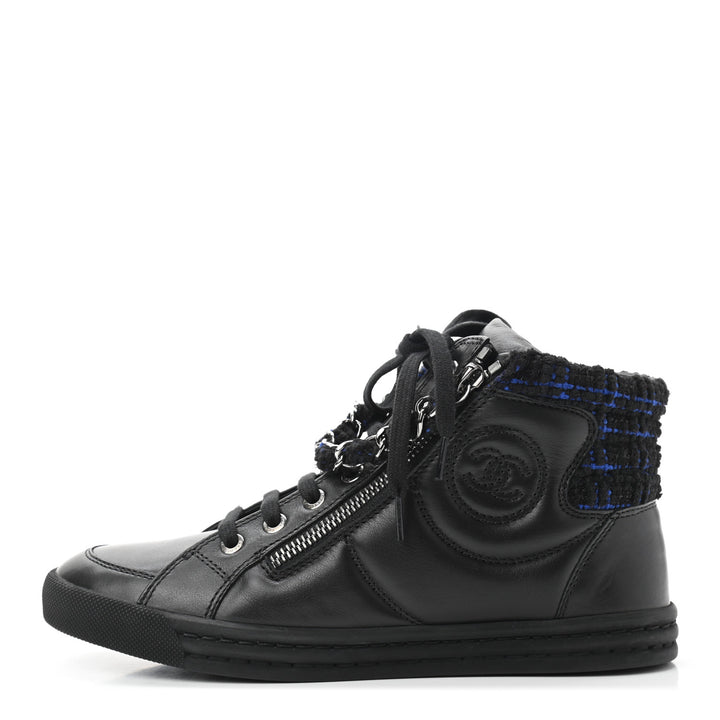 CHANEL LAMBSKIN LEATHER TWEED ZIPPED HI-TOP SNEAKERS