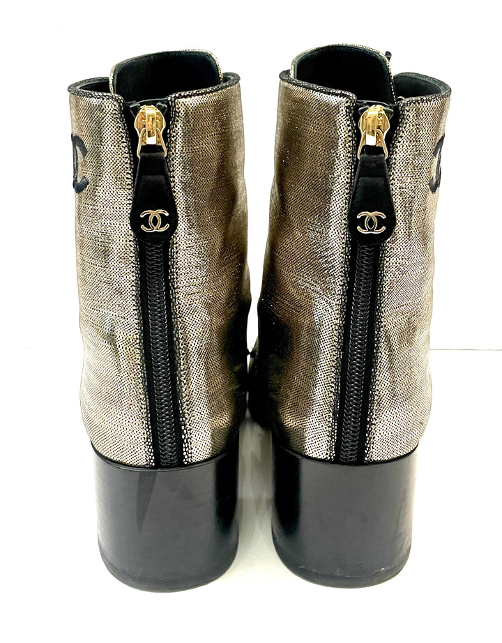 CHANEL LAMINATED CALFSKIN CC LACE-UP BOOTS