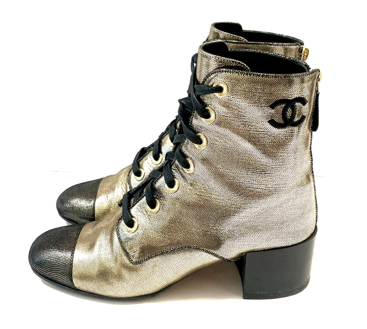 CHANEL LAMINATED CALFSKIN CC LACE-UP BOOTS