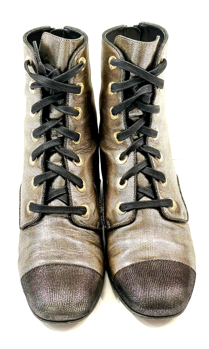 CHANEL LAMINATED CALFSKIN CC LACE-UP BOOTS