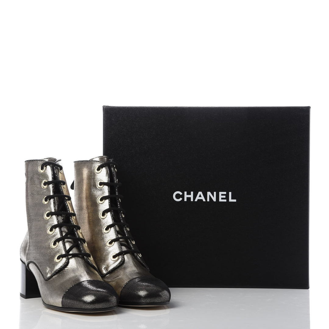 CHANEL LAMINATED CALFSKIN CC LACE-UP BOOTS