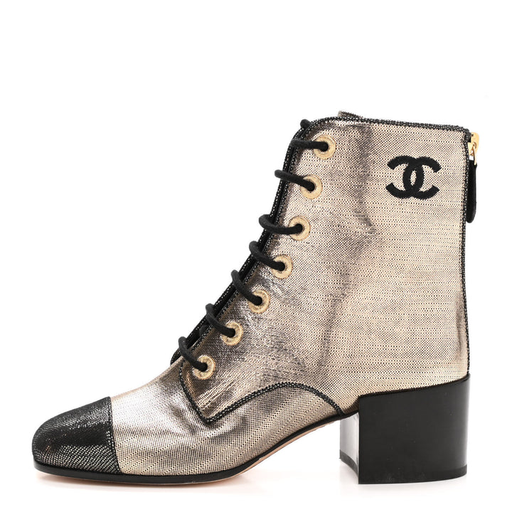 CHANEL LAMINATED CALFSKIN CC LACE-UP BOOTS