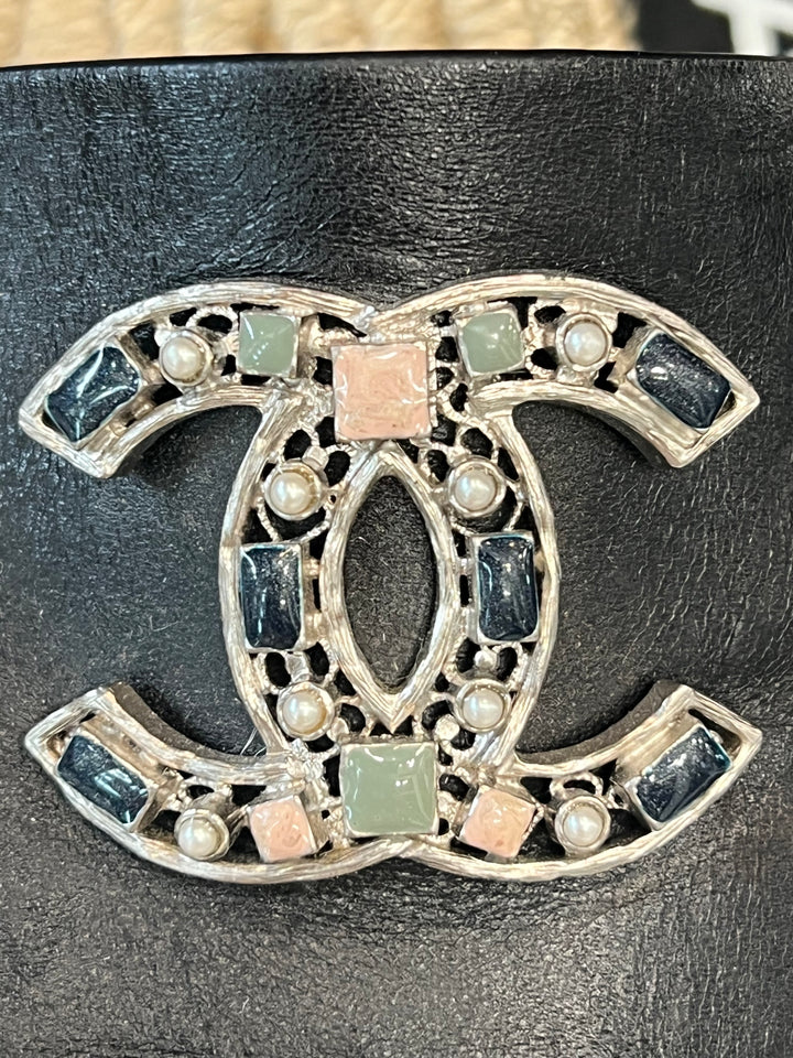 CHANEL CC LEATHER JEWELED ESPADRILLES MULES