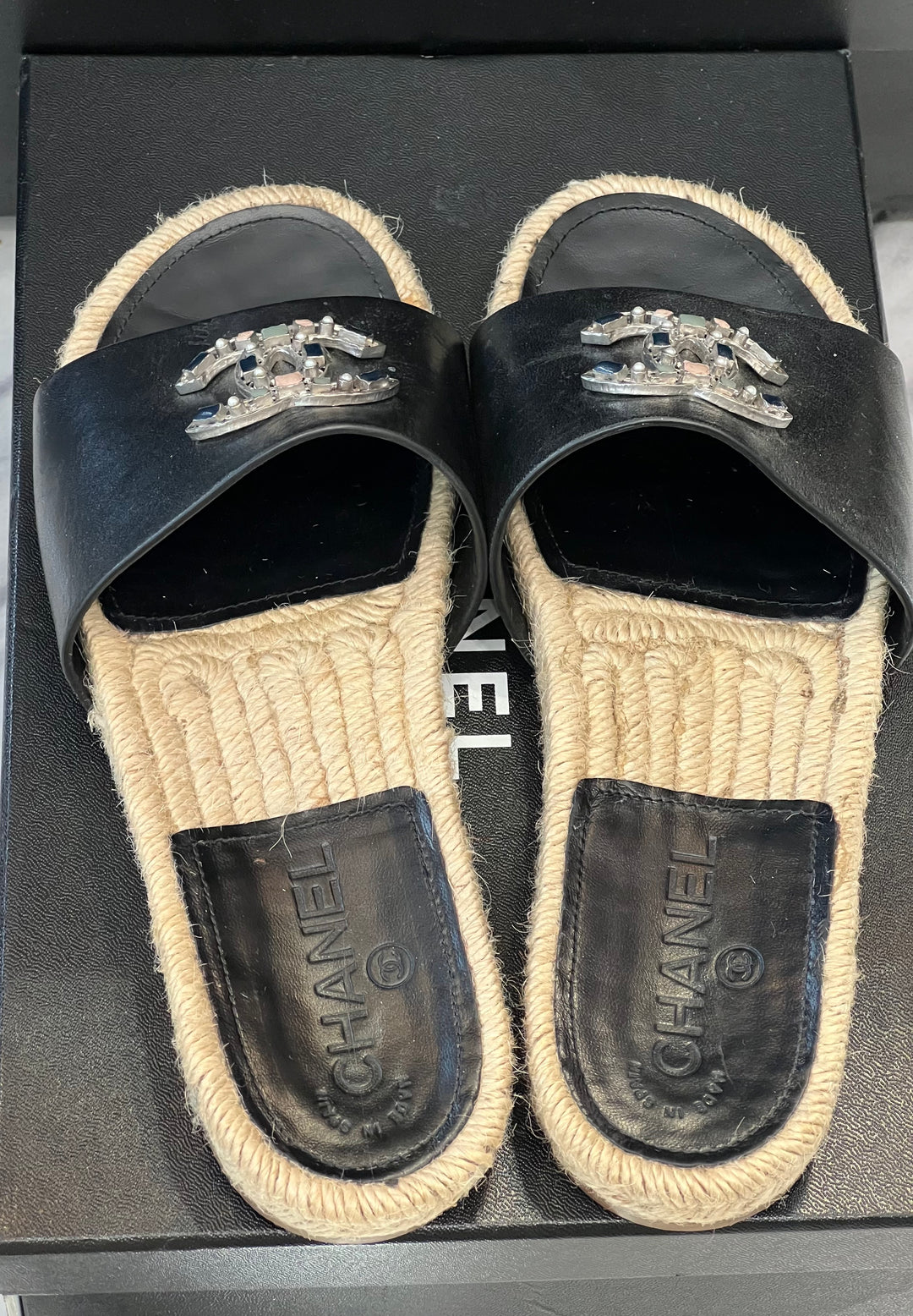 CHANEL CC LEATHER JEWELED ESPADRILLES MULES