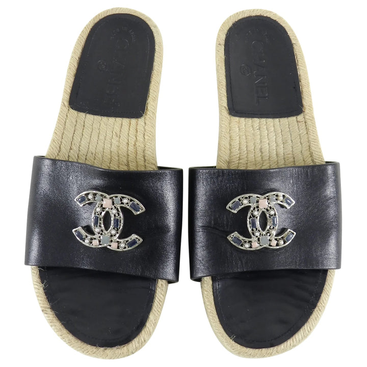 CHANEL CC LEATHER JEWELED ESPADRILLES MULES
