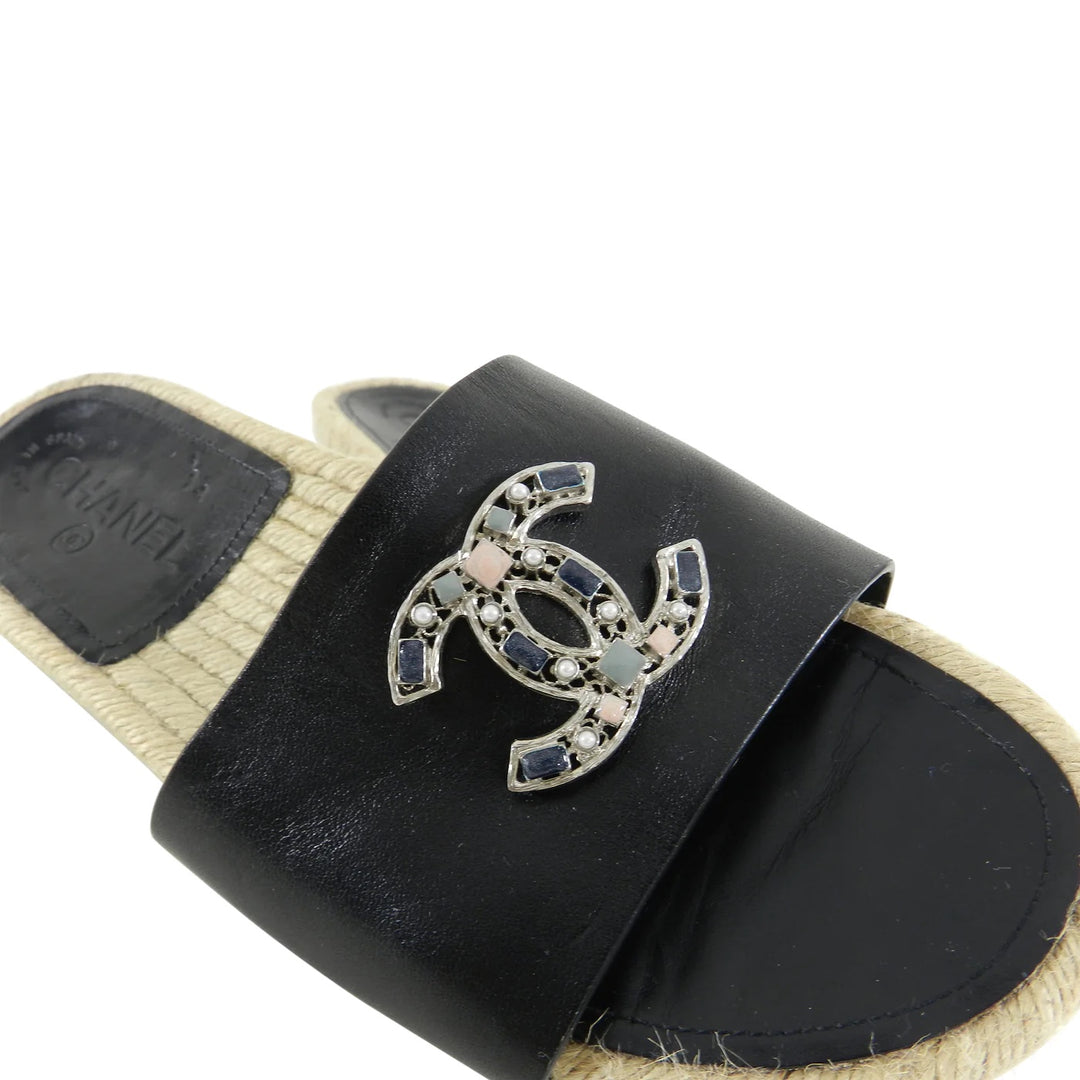 CHANEL CC LEATHER JEWELED ESPADRILLES MULES