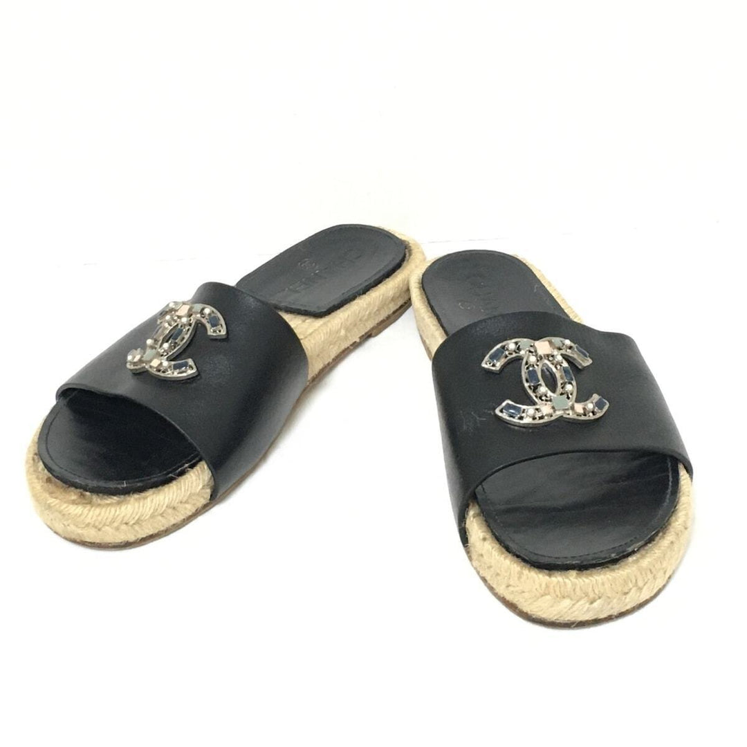 CHANEL CC LEATHER JEWELED ESPADRILLES MULES