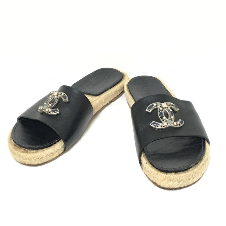 CHANEL CC LEATHER JEWELED ESPADRILLES MULES