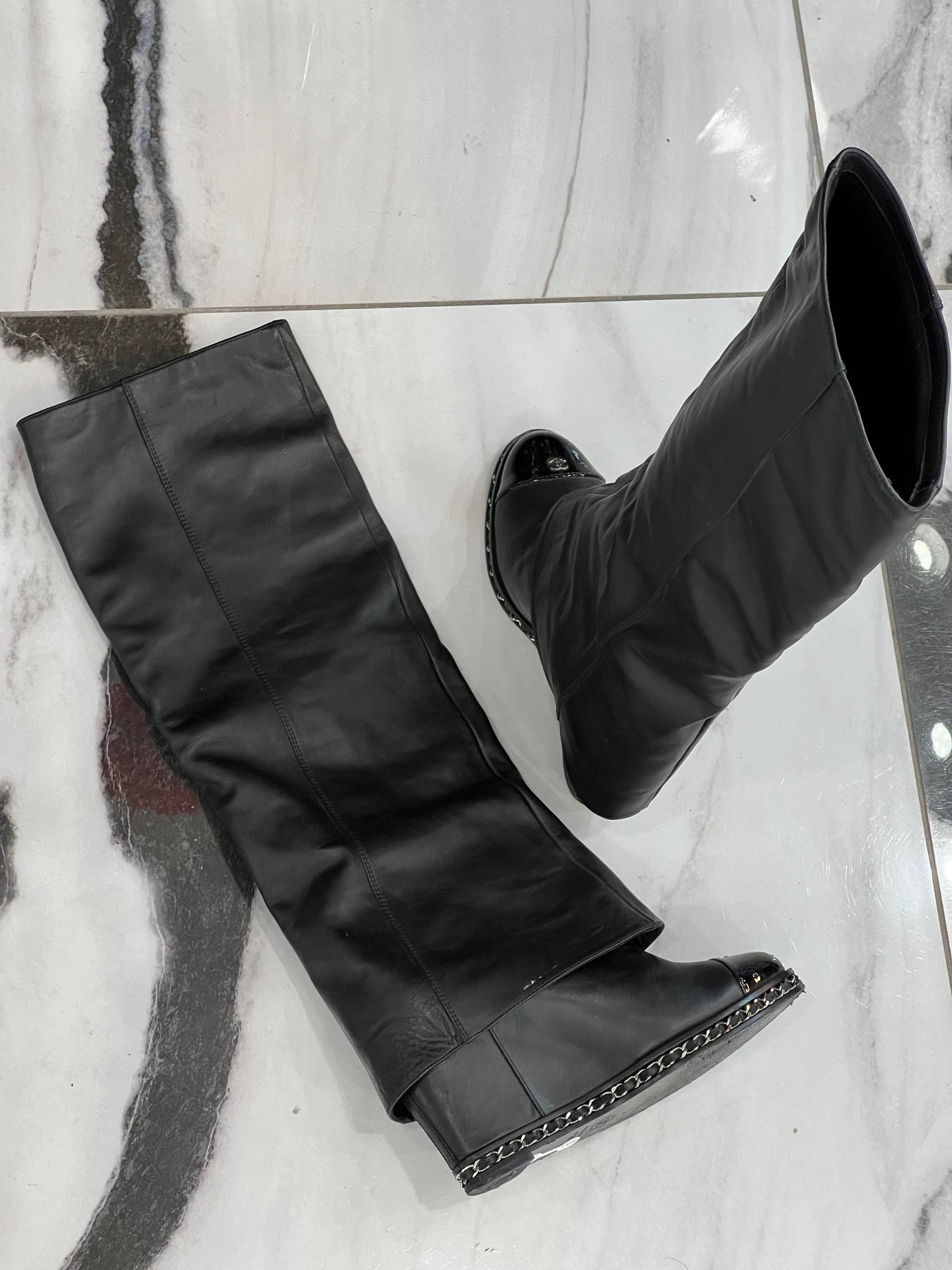 CHANEL 15B Lambskin Leather Tall Over The Knee High Wedge Heel Boots Black  $2400