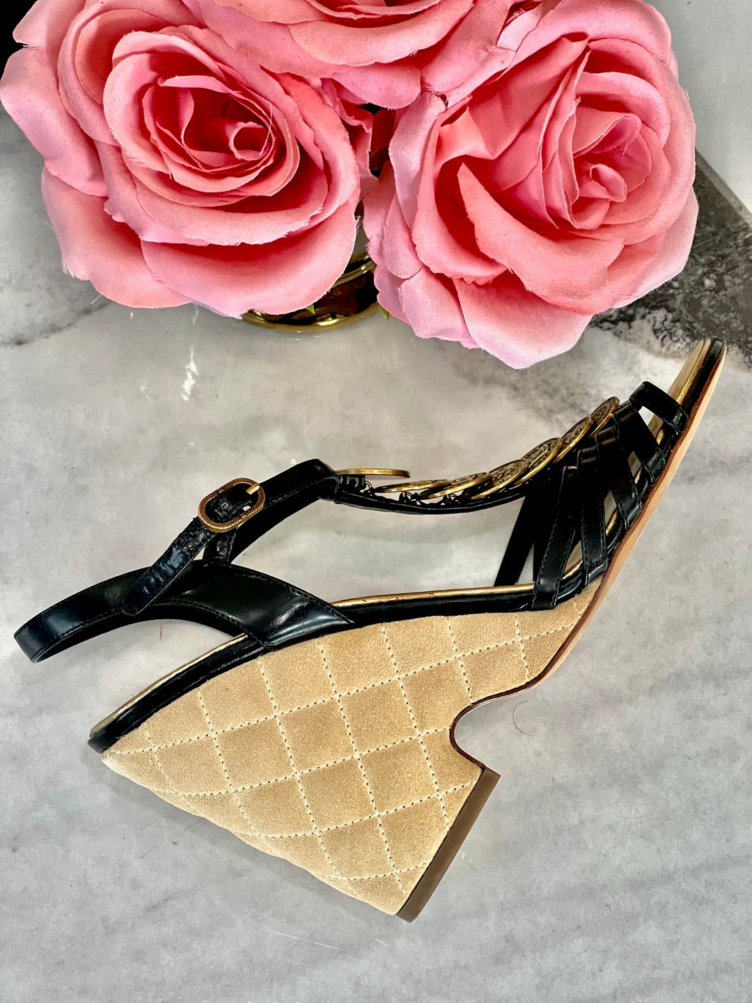 CHANEL MEDALLION QUILTED WEDGE HEEL SANDALS