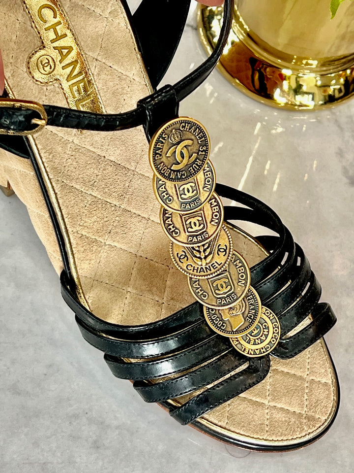 CHANEL MEDALLION QUILTED WEDGE HEEL SANDALS