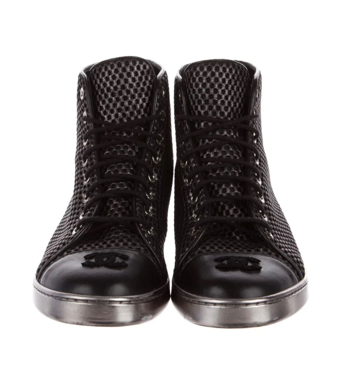 CHANEL CC METALLIC MESH LAMBSKIN HIGH-TOP SNEAKERS