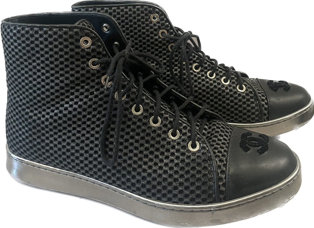 CHANEL CC METALLIC MESH LAMBSKIN HIGH-TOP SNEAKERS