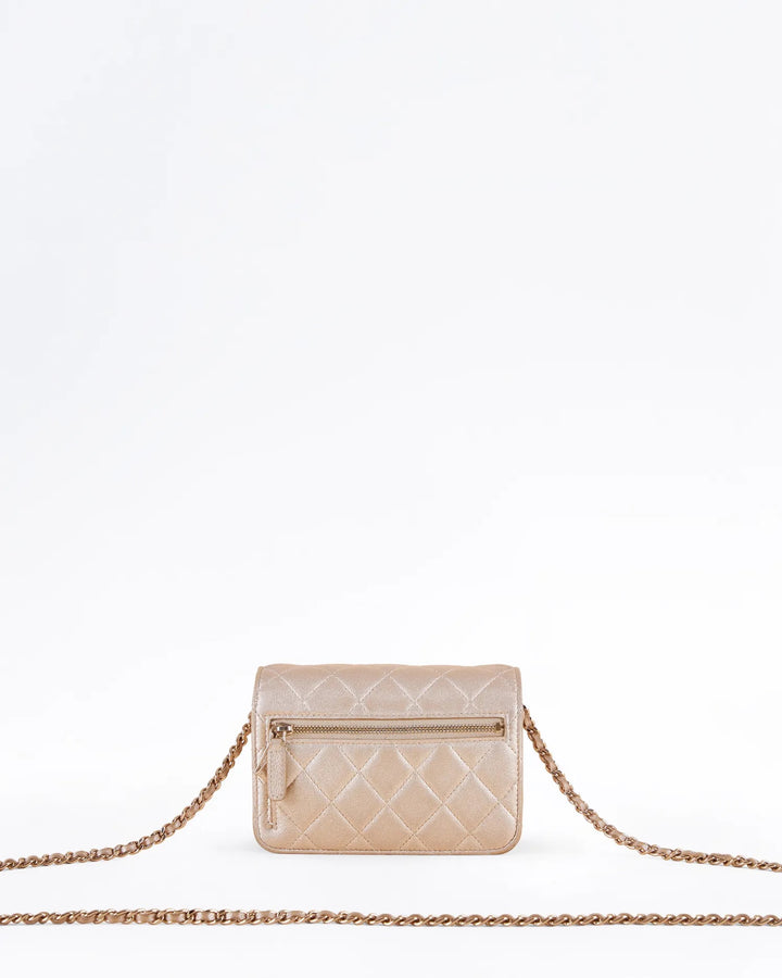 CHANEL METALLIC GOLD QUILTED CAVIAR WALLET ON A CHAIN-HS