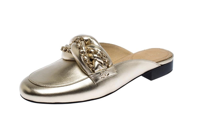 CHANEL METALLIC LAMBSKIN BRAIDED CHAIN MULES – Caroline's Fashion