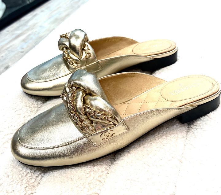 CHANEL METALLIC LAMBSKIN BRAIDED CHAIN MULES – Caroline's Fashion