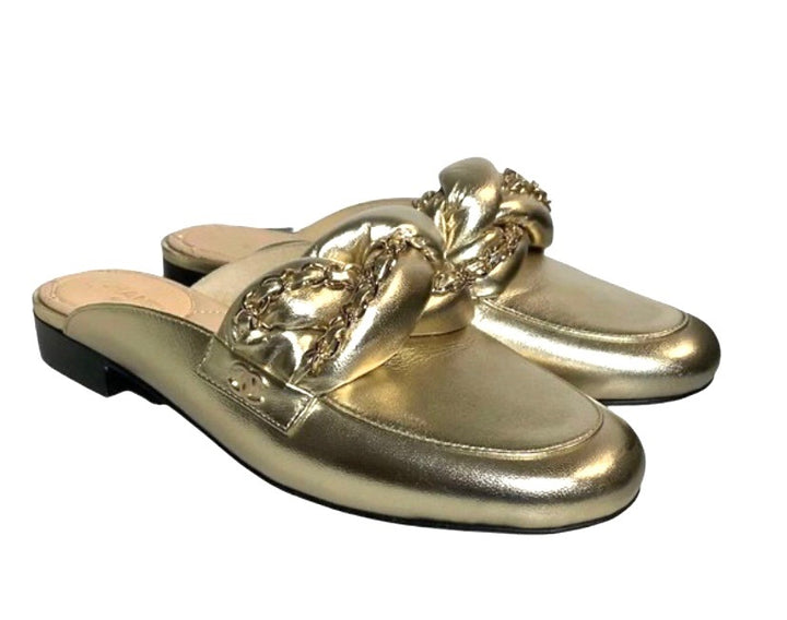 CHANEL METALLIC LAMBSKIN BRAIDED CHAIN MULES