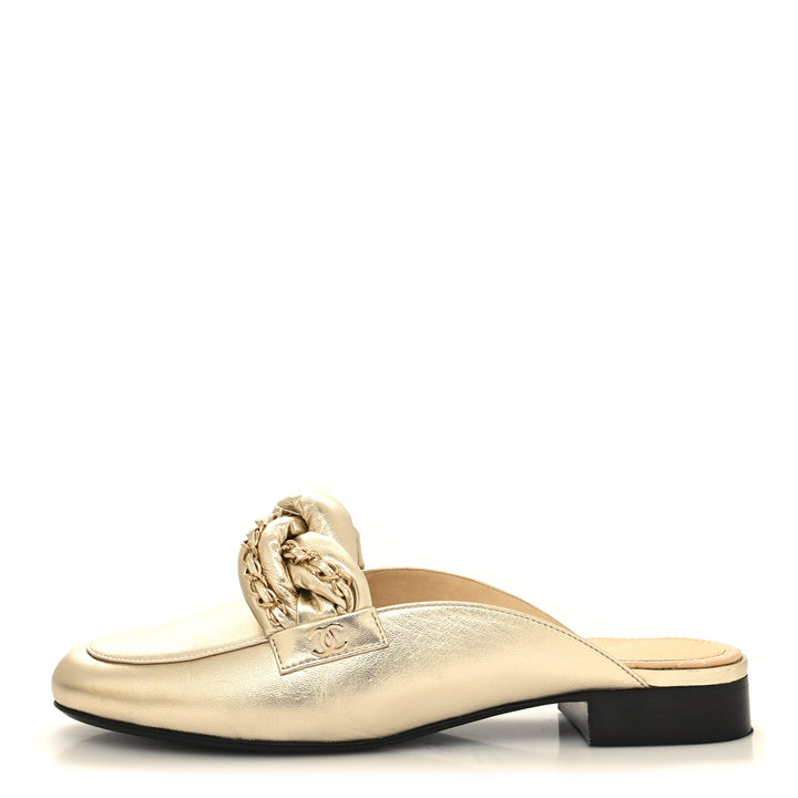 CHANEL METALLIC LAMBSKIN BRAIDED CHAIN MULES