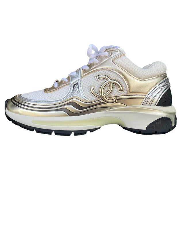 CHANEL MIXED FABRIC METALLIC LAMINATED CALFSKIN CC SNEAKERS
