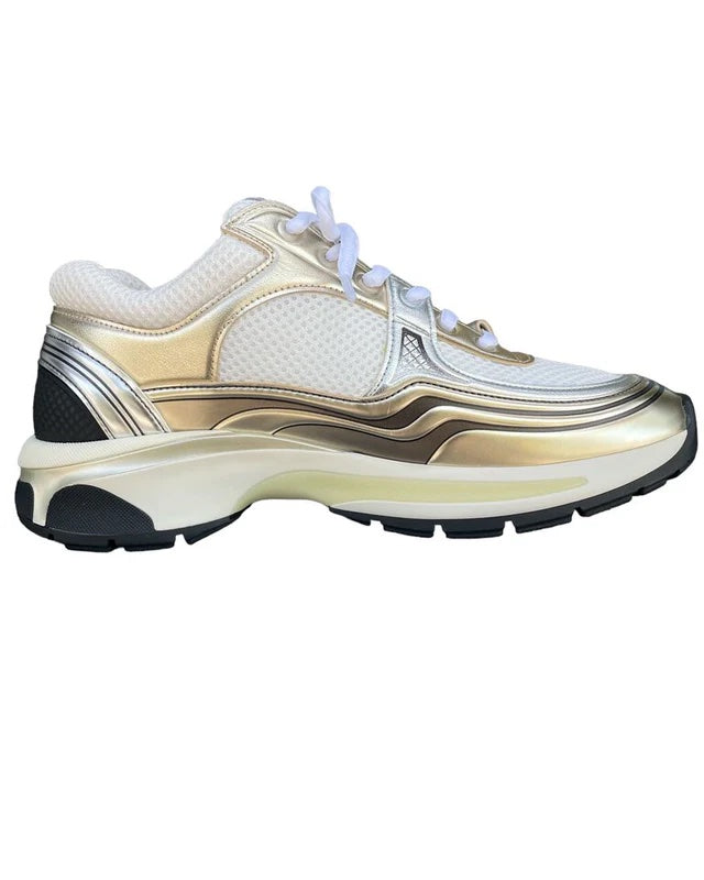 CHANEL MIXED FABRIC METALLIC LAMINATED CALFSKIN CC SNEAKERS