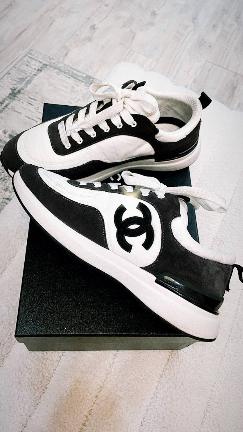 CHANEL CC CALFSKIN SUEDE &amp; NYLON SNEAKERS