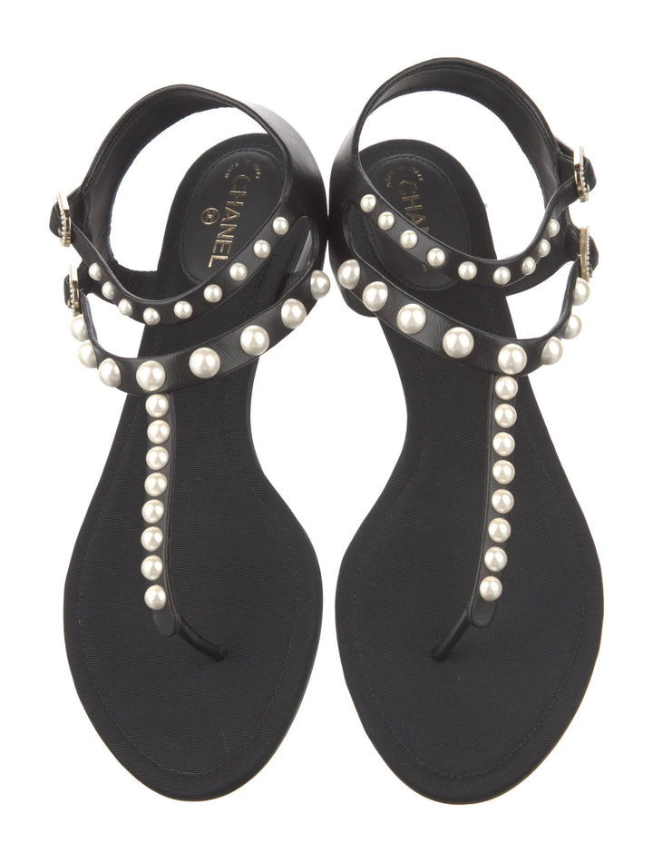 CHANEL PEARL EMBELLISHED THONG FLAT SANDALS