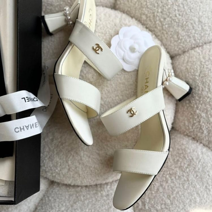 CHANEL CC FAUX PEARL EMBELLISHED HEEL MULE SANDALS