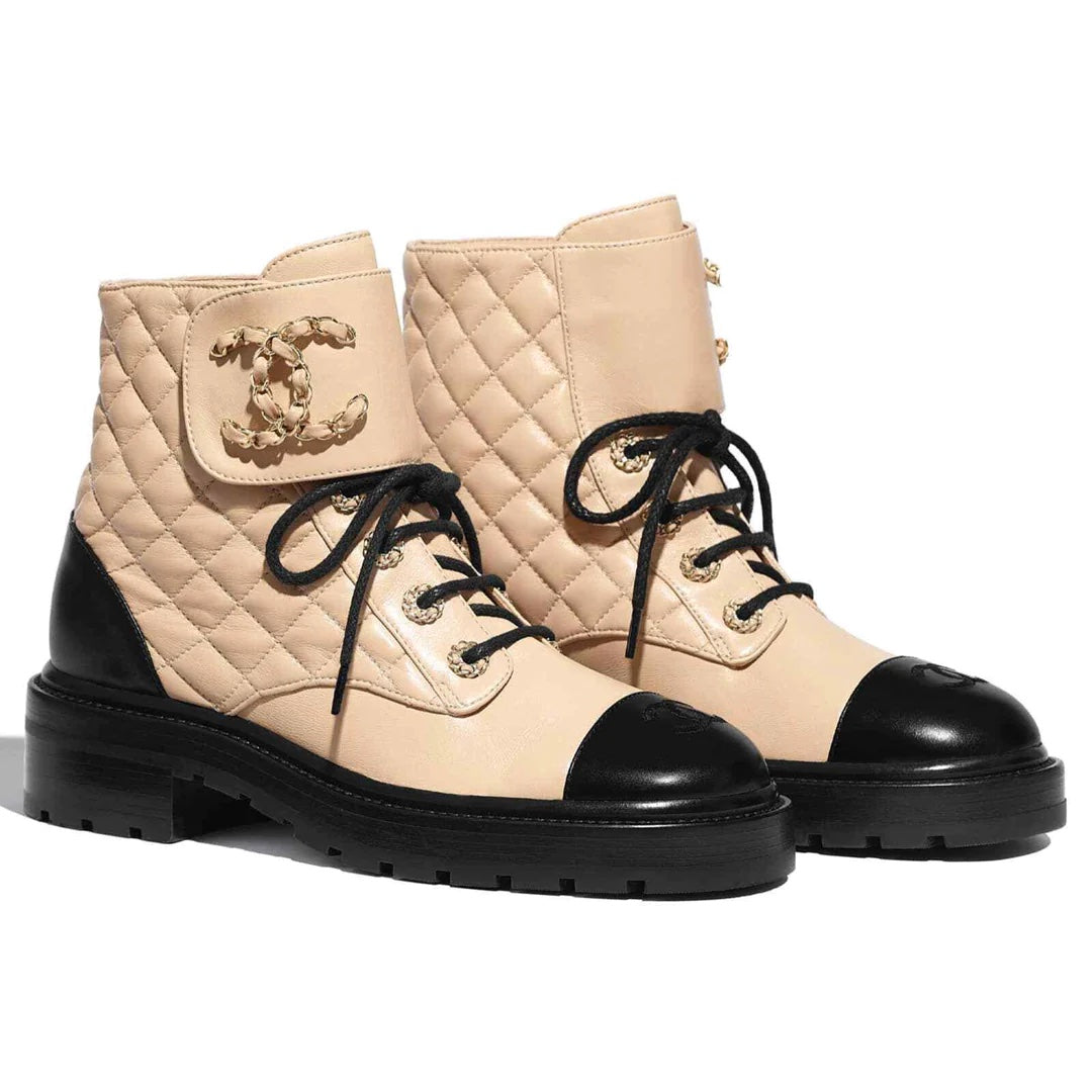 CHANEL QUILTED LAMBSKIN CC CHAIN COMBAT BOOTS