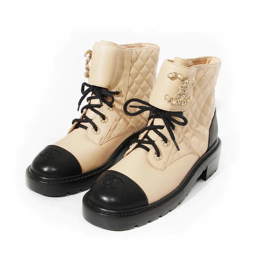 CHANEL QUILTED LAMBSKIN CC CHAIN COMBAT BOOTS