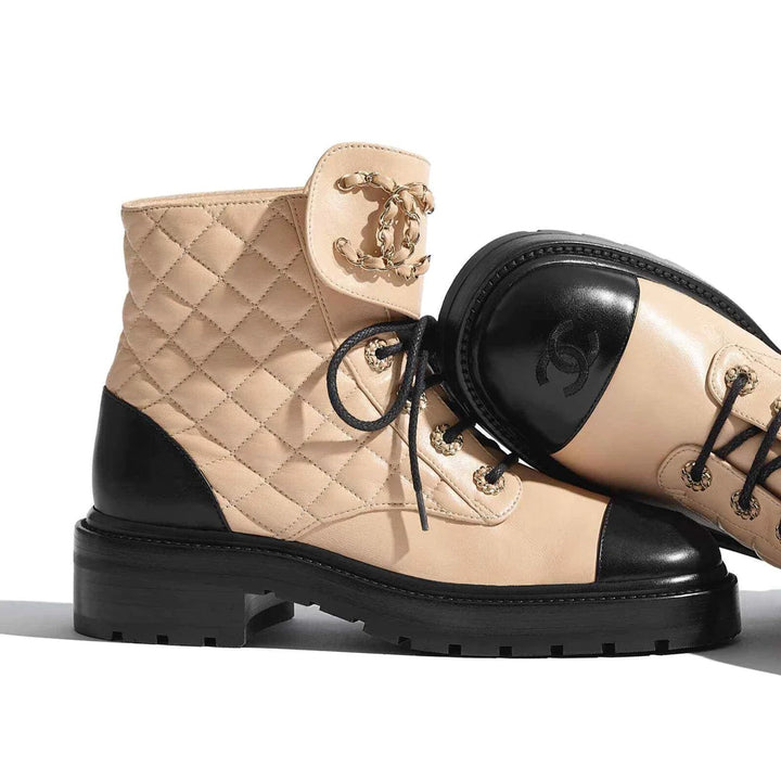CHANEL QUILTED LAMBSKIN CC CHAIN COMBAT BOOTS
