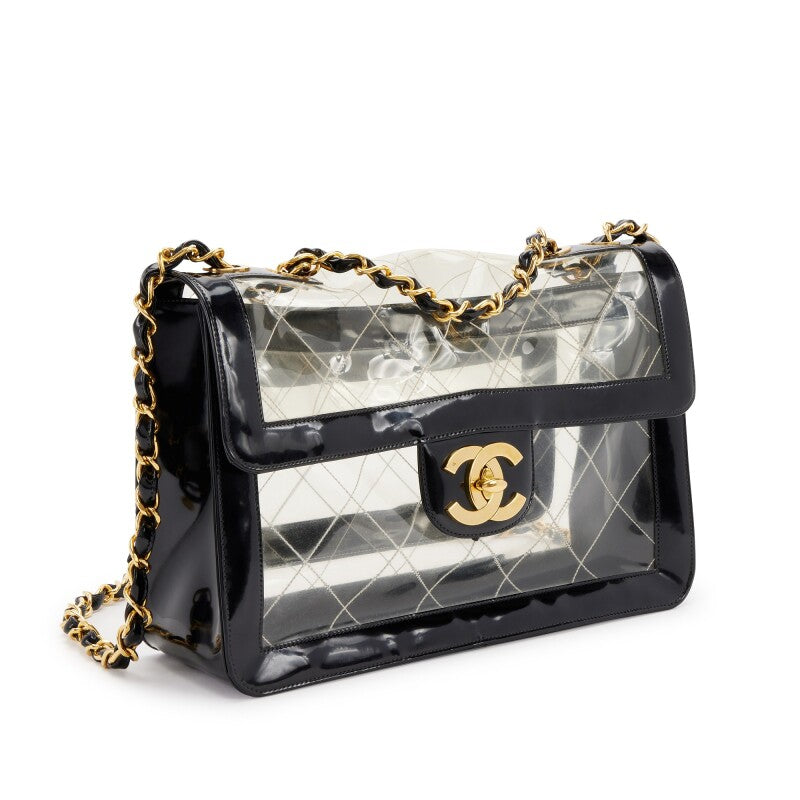 CHANEL Quilted CC Jumbo Double Chain Shoulder Bag Clear Black Vinyl