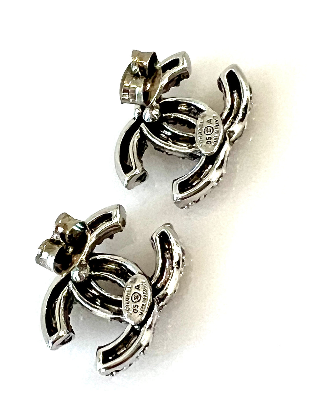 CHANEL CC SILVER TONE CRYSTAL EARRINGS
